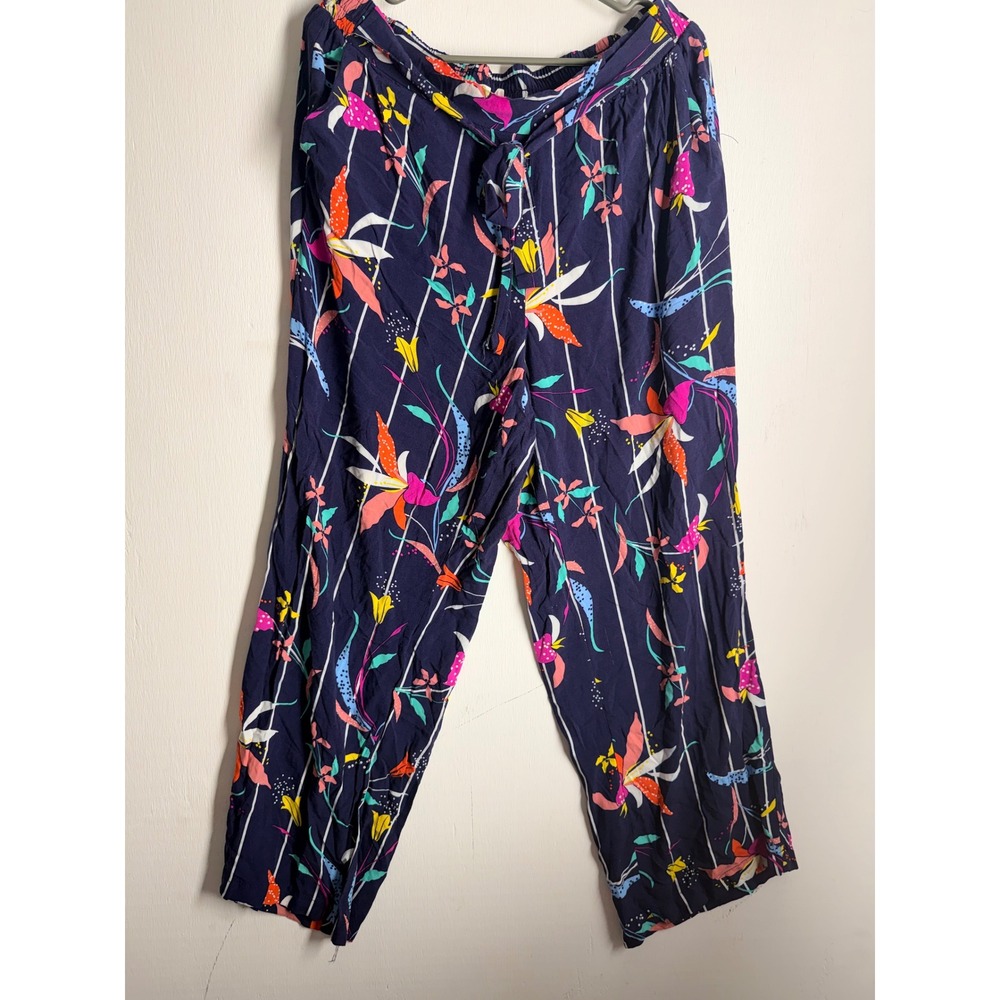 Lili Sport Navy Blue Floral Striped Wide Leg Crop Pants Plus Size 1X Boho Summer